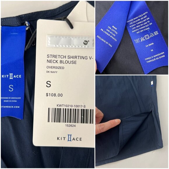 NWT Kit & Ace Stretch Shirting Navy V-Neck Button Down Blouse Oversized Size S - Picture 8 of 9